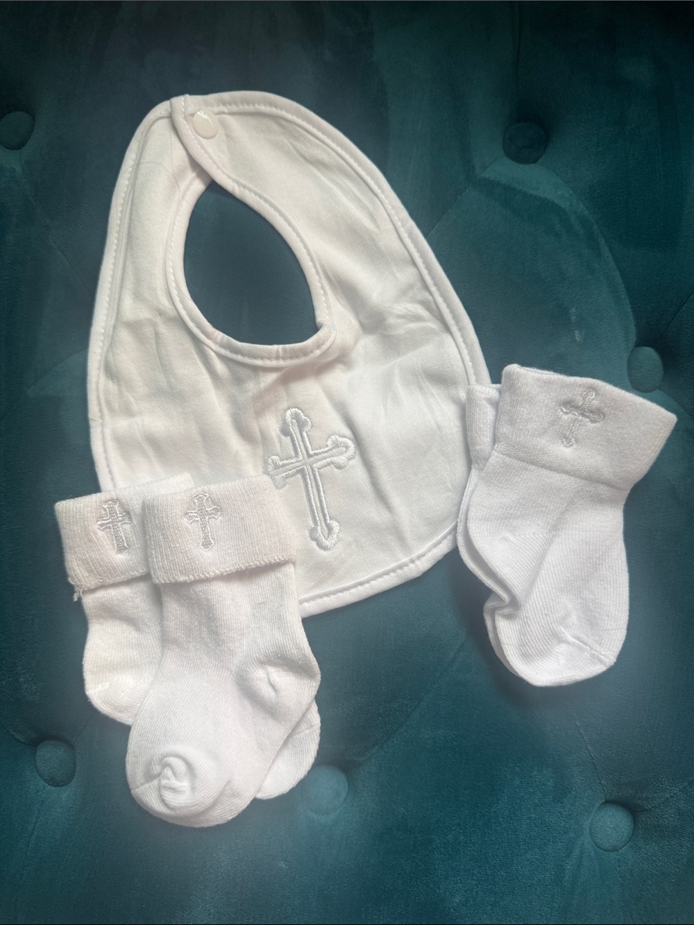 White Embroidered Cross Baby Bib and Sock Set
